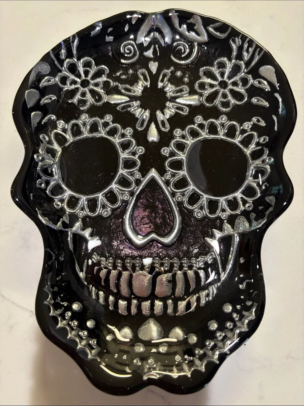 Black Sugar Skull Decorative Dish with Silver Accents